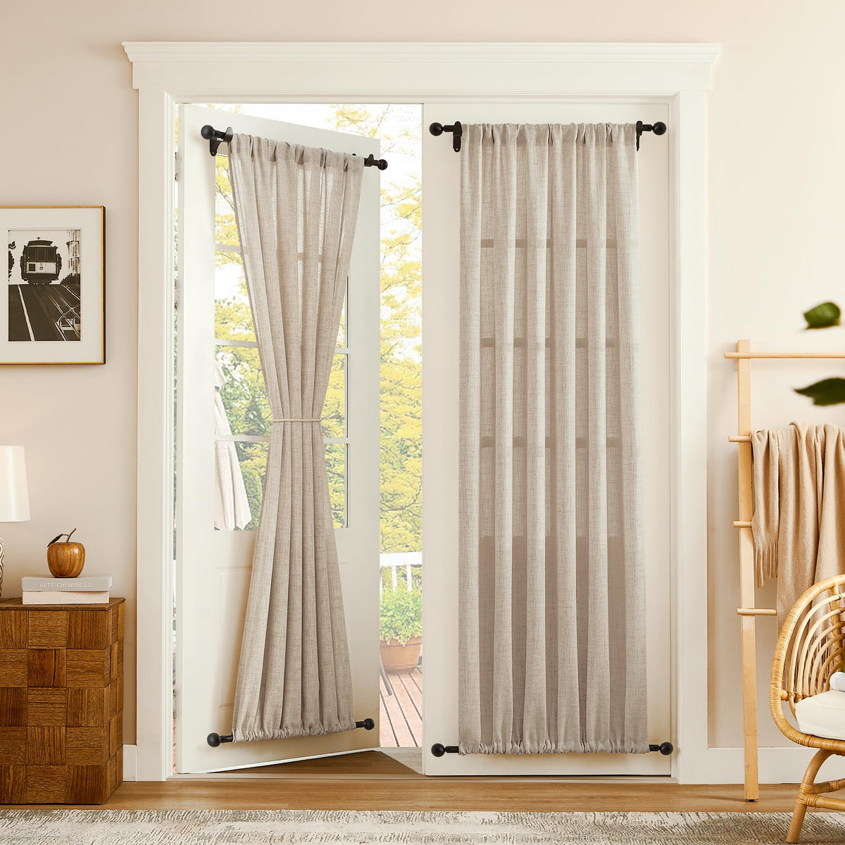 Linen Semi Sheer Door Curtain, 25 x 72 Inches, Natural, 1 Panel H401