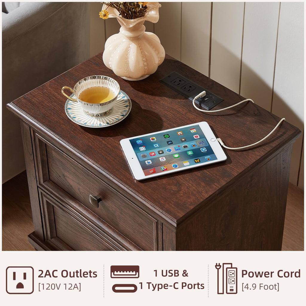 Nightstand Set of 2 with Charging Stations, 2 Drawers, Walnut W71107