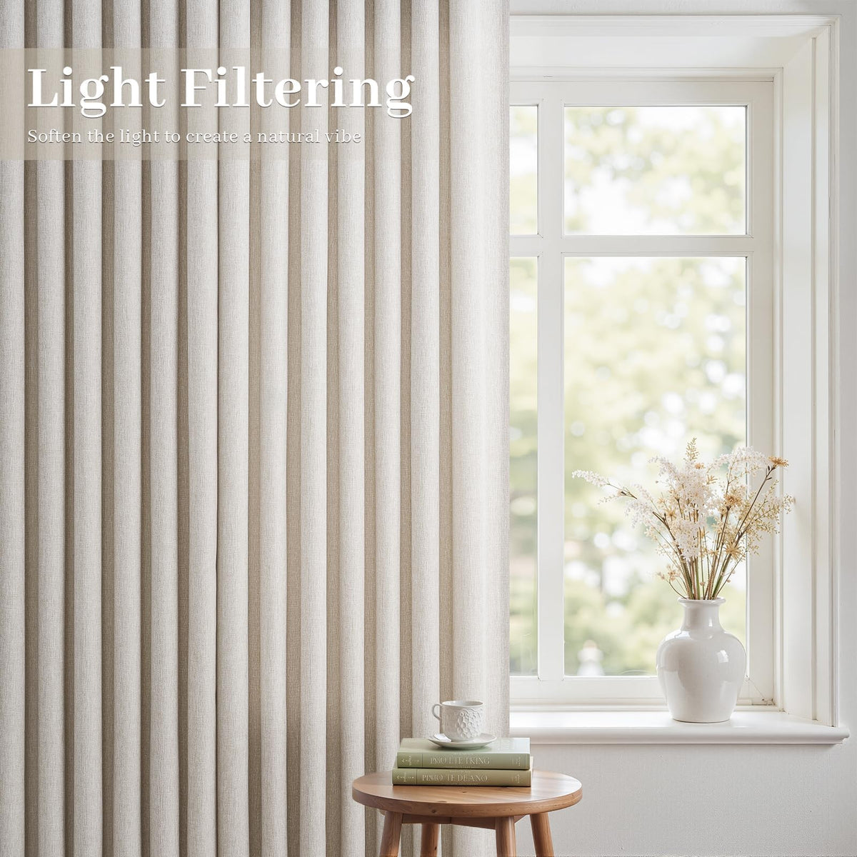 Oatmeal Linen Curtains 108 Inches Long Semi Sheer Pinch Pleated 2 Panels R238