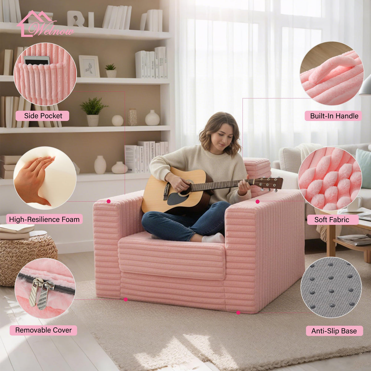 Pink Folding Sofa Bed with Ottoman E467