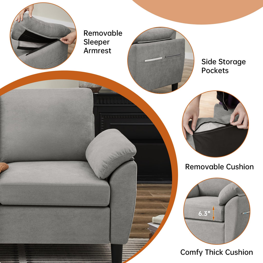 Light Grey Linen Loveseat Sofa with Side Pocket V48358