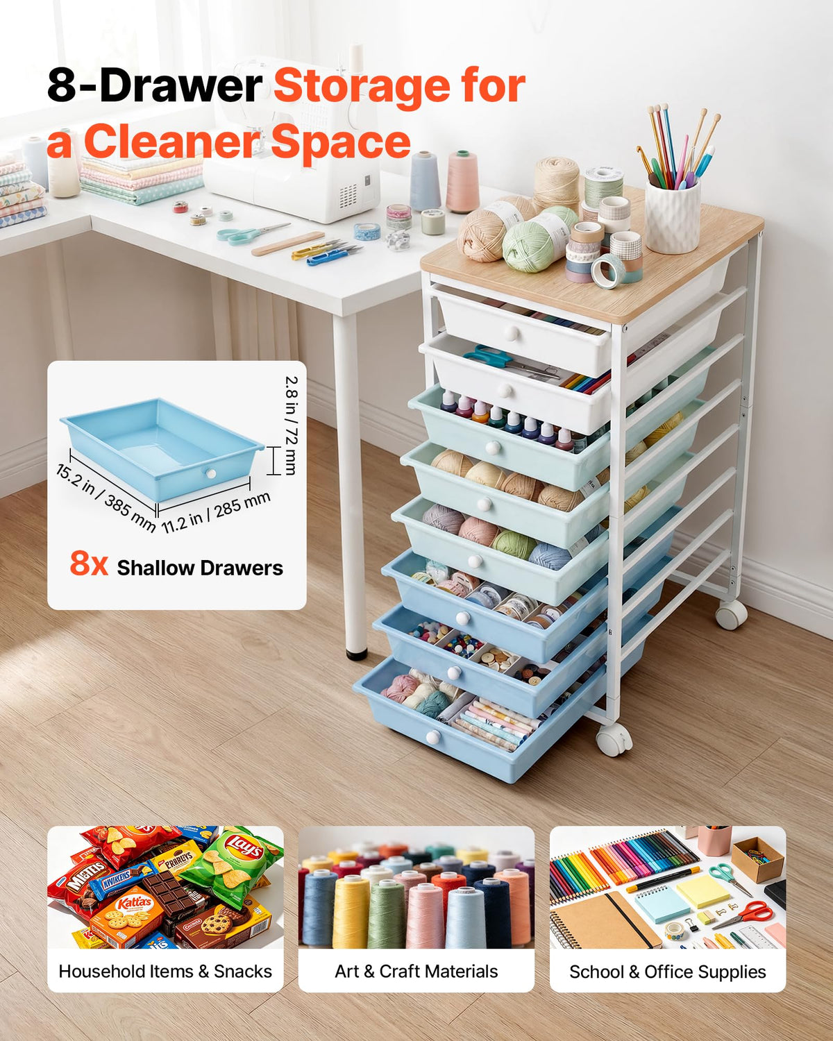 8 Drawer Rolling Storage Cart with Wood Top D307