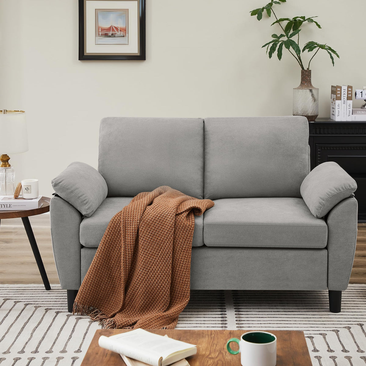 Light Grey Linen Loveseat Sofa with Side Pocket V48358