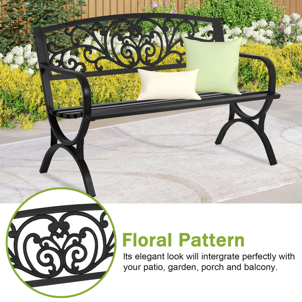 50 Inches Black Metal Outdoor Garden Bench with Floral Pattern Backrest A81455