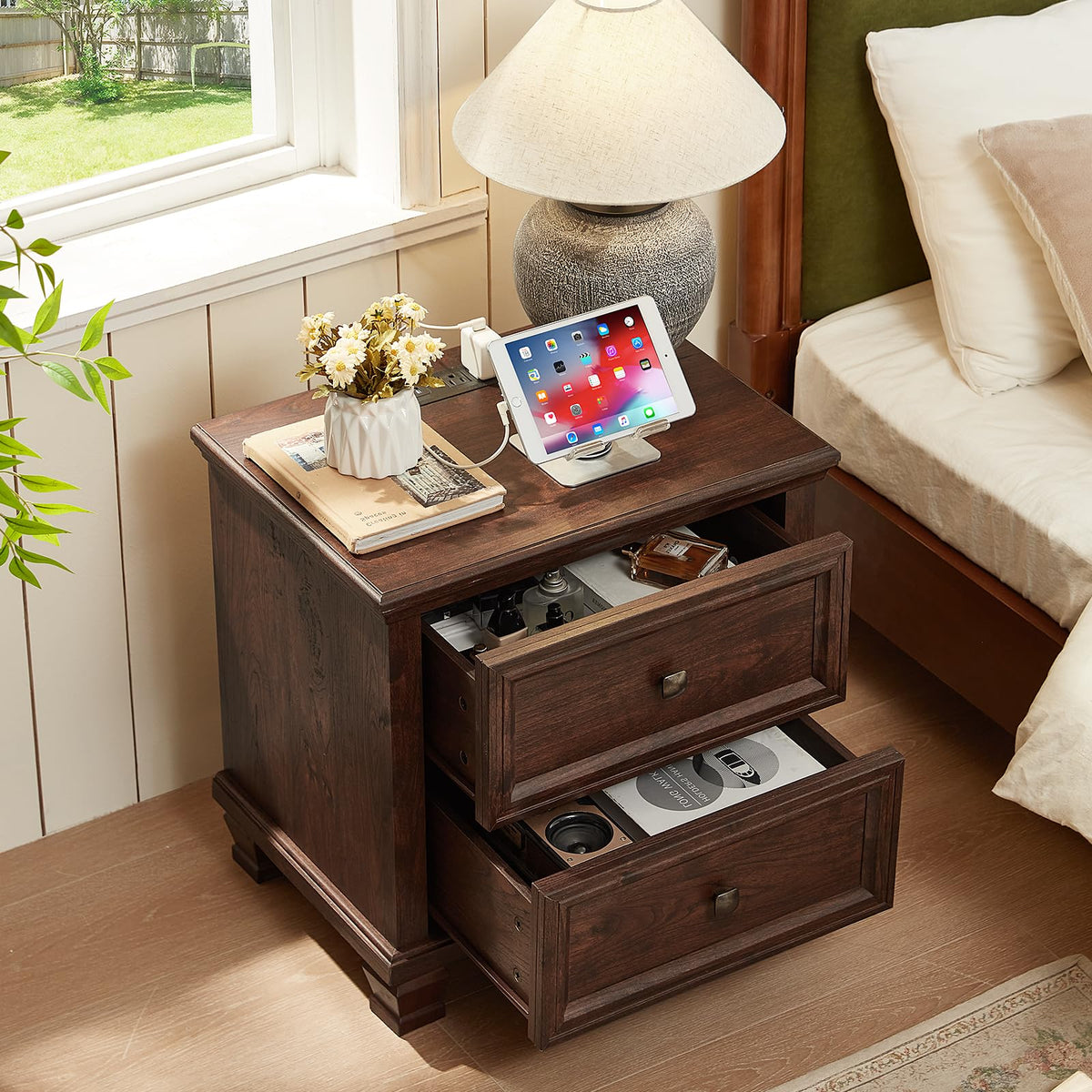Nightstand Set of 2 with Charging Stations, 2 Drawers, Walnut W71107