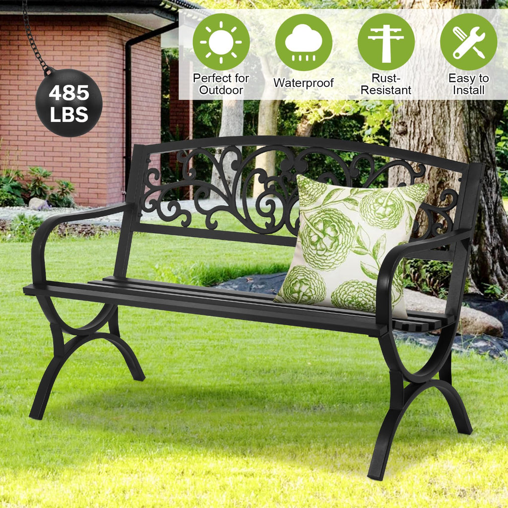 50 Inches Black Metal Outdoor Garden Bench with Floral Pattern Backrest A81455