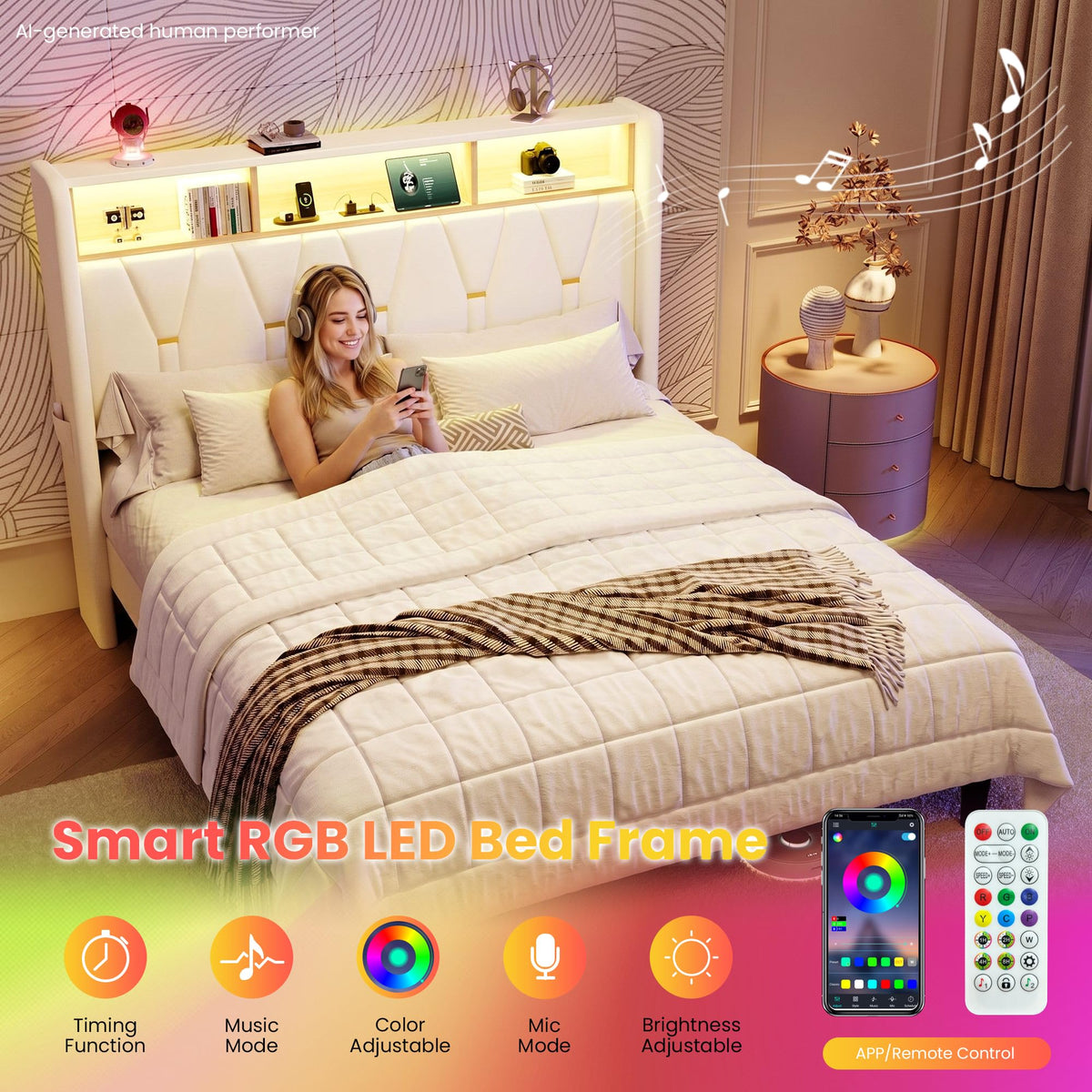 Full Size Bed Frame with 2-Tier Storage Headboard V3692