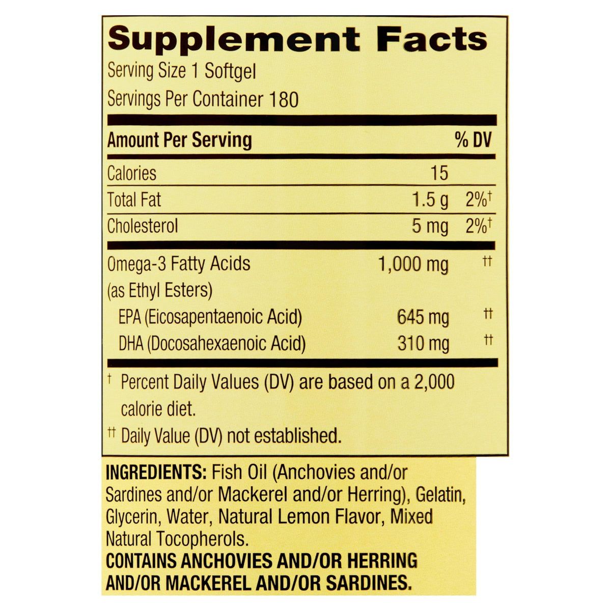 Omega-3 Fish Oil Soft Gels 1000 mg 180 Count Dietary Supplement W11543