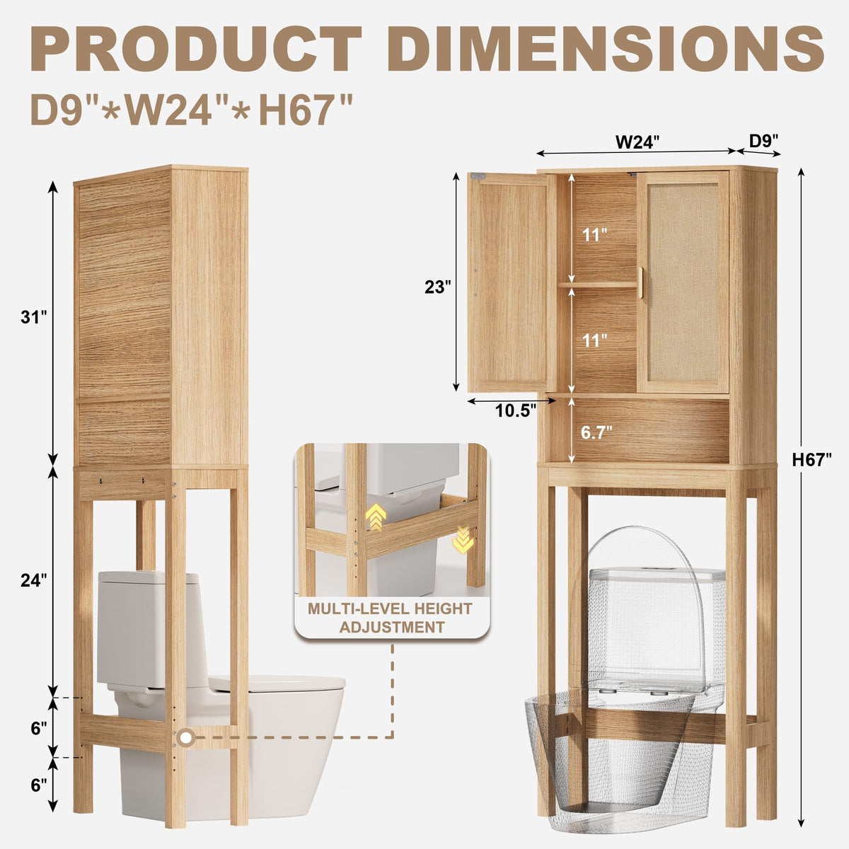 Over the Toilet Storage Cabinet with Rattan Doors S6020