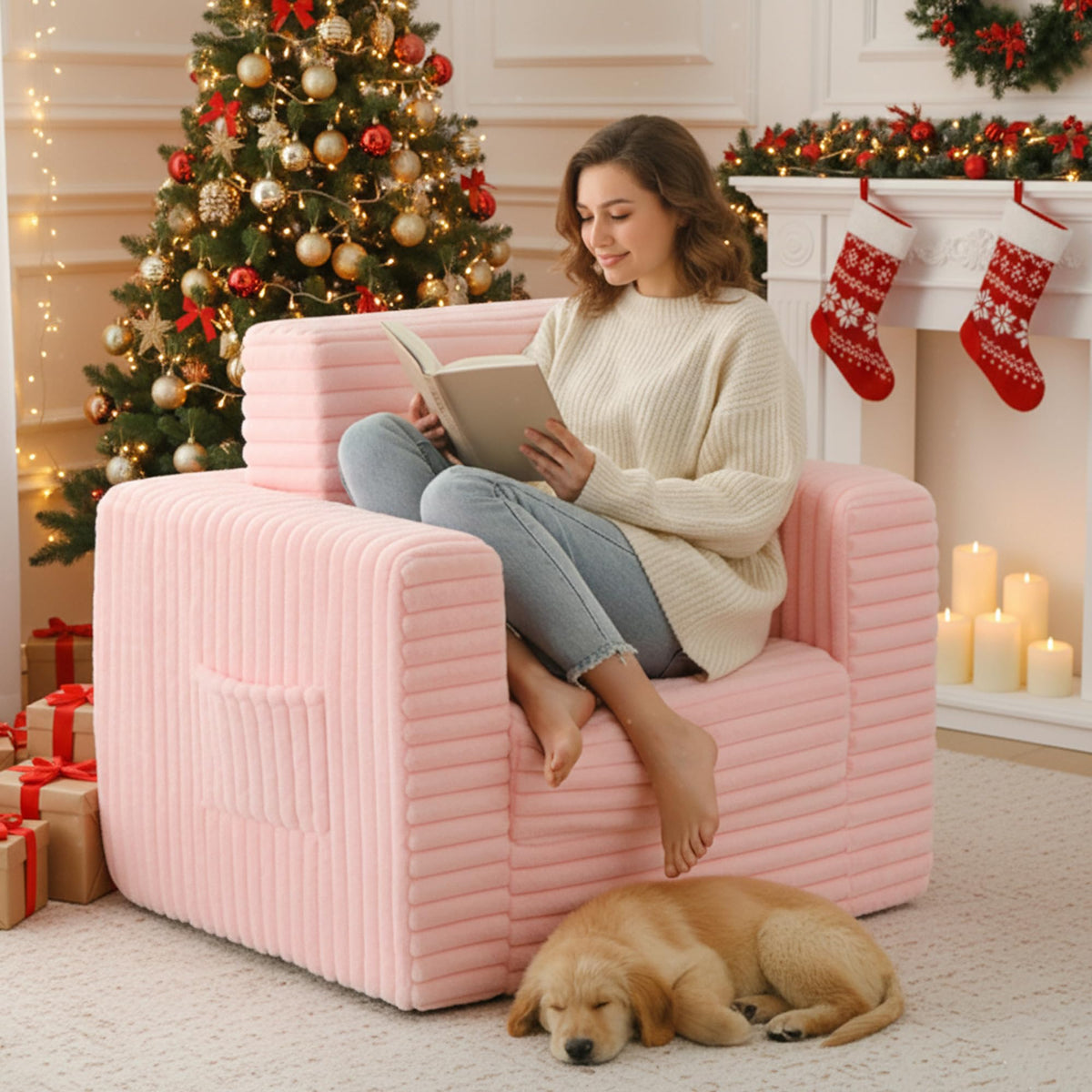 Pink Folding Sofa Bed with Ottoman E467
