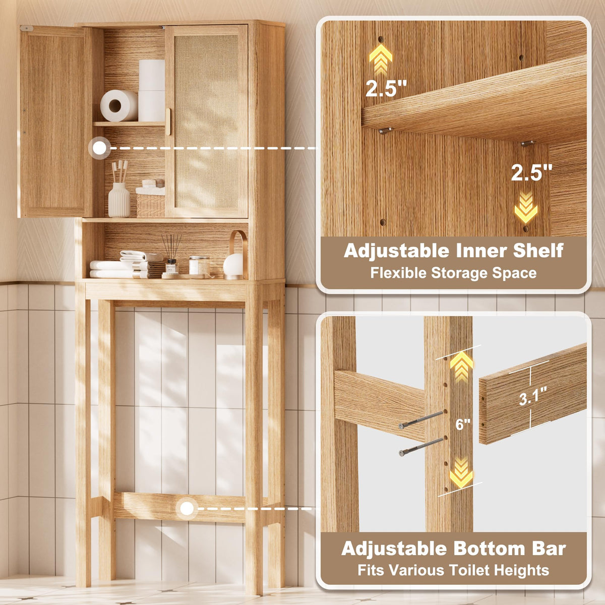 Over the Toilet Storage Cabinet with Rattan Doors S6020