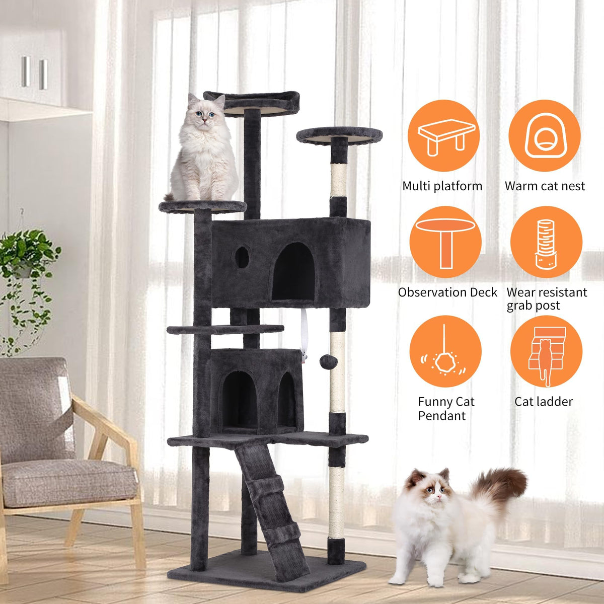 70 Inch Dark Grey Cat Tree Tower with Scratching Post F18388