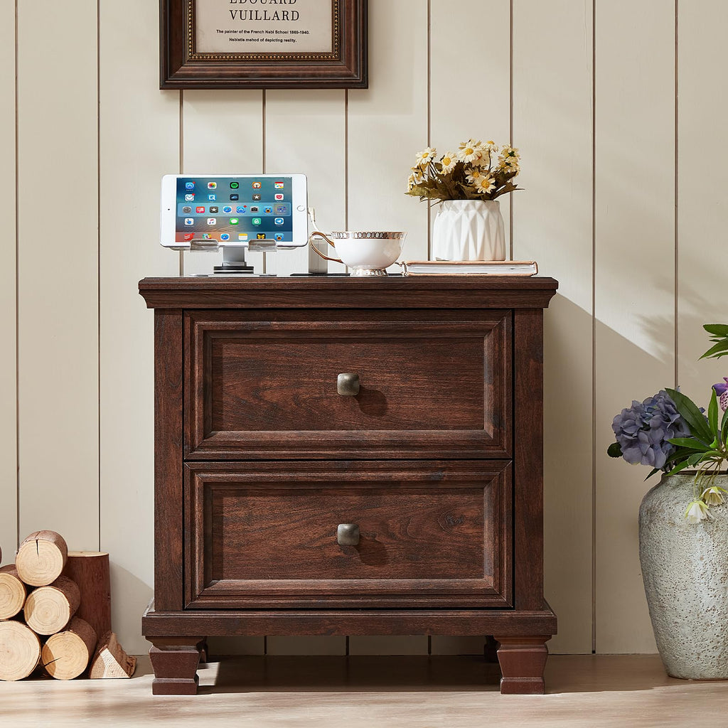 Nightstand Set of 2 with Charging Stations, 2 Drawers, Walnut W71107