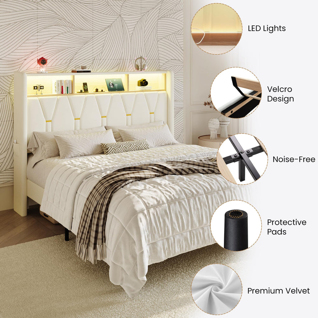 Full Size Bed Frame with 2-Tier Storage Headboard V3692