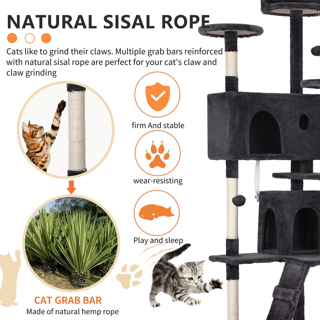 70 Inch Dark Grey Cat Tree Tower with Scratching Post F18388