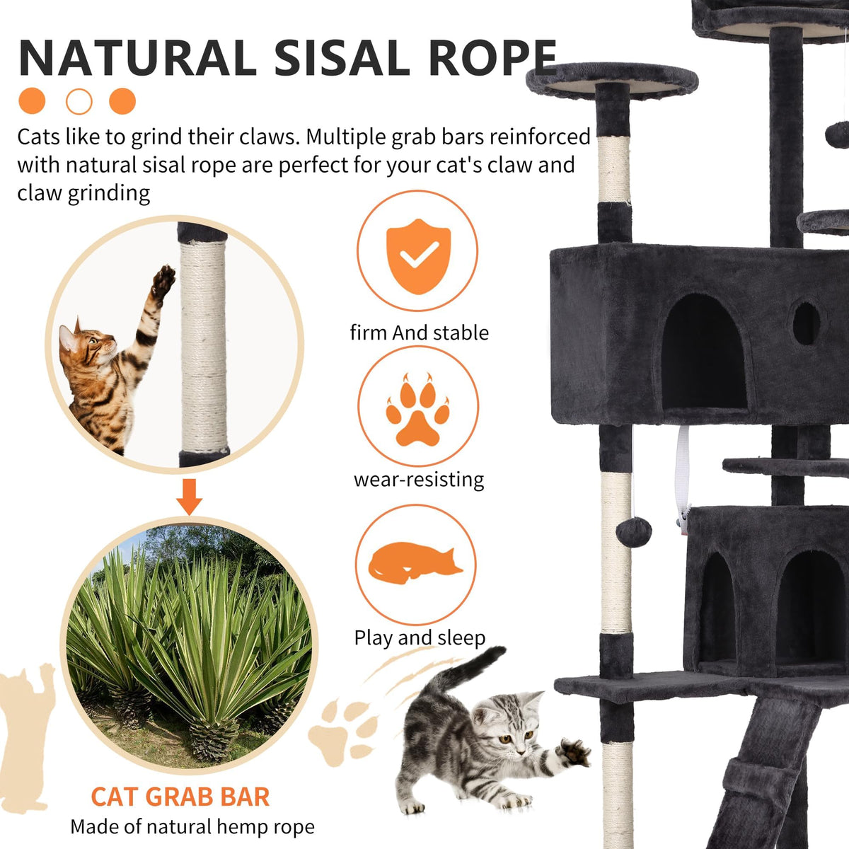 70 Inch Dark Grey Cat Tree Tower with Scratching Post F18388
