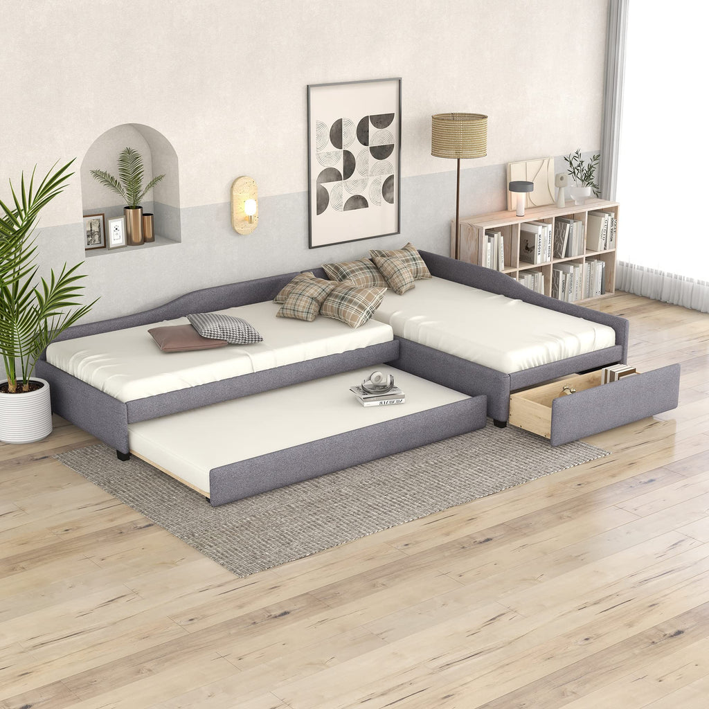 Gray Linen Upholstered Double Twin Size Daybed with Trundle and Drawer Q39668