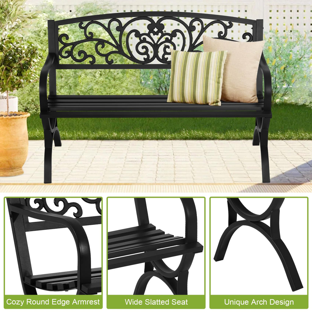50 Inches Black Metal Outdoor Garden Bench with Floral Pattern Backrest A81455