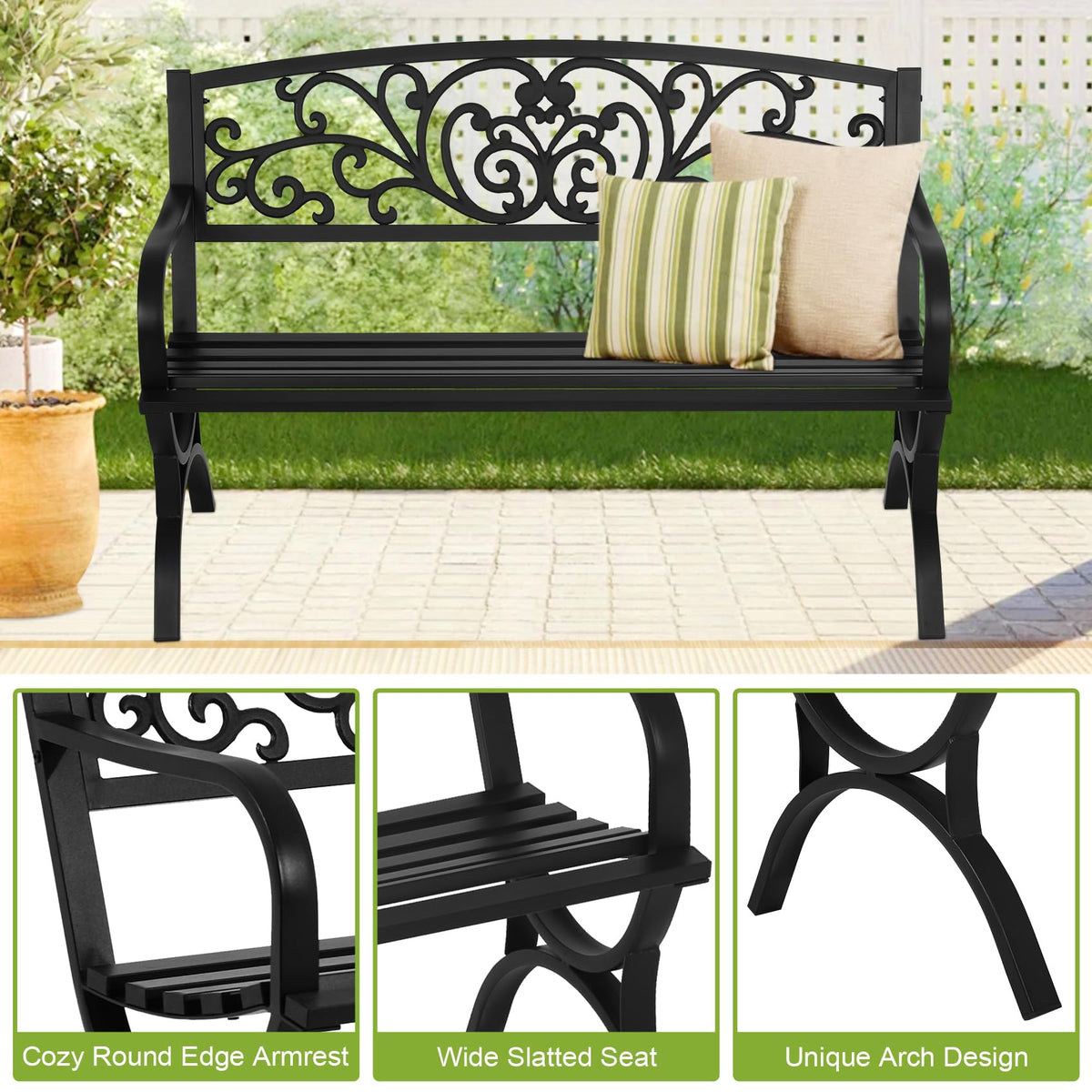 50 Inches Black Metal Outdoor Garden Bench with Floral Pattern Backrest A81455