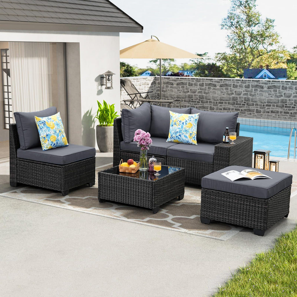5 Pieces Wicker PE Rattan Patio Furniture Set with Cushion & Coffee Table, Grey E52578