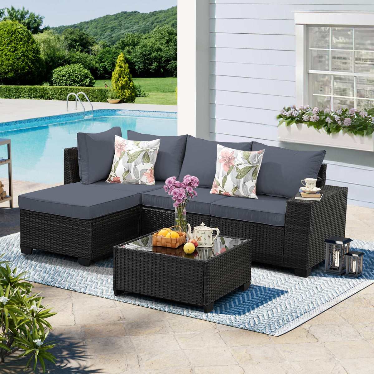 5 Pieces Wicker PE Rattan Patio Furniture Set with Cushion & Coffee Table, Grey E52578