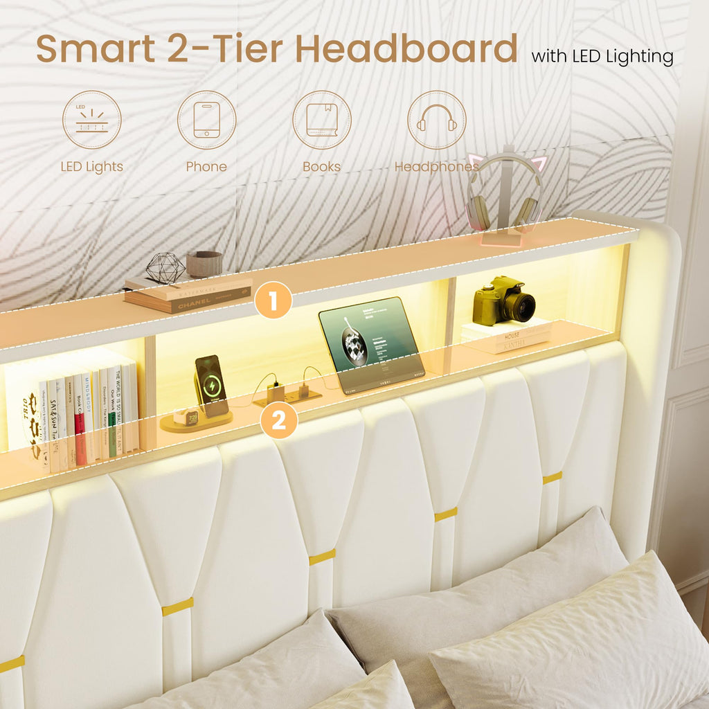 Full Size Bed Frame with 2-Tier Storage Headboard V3692