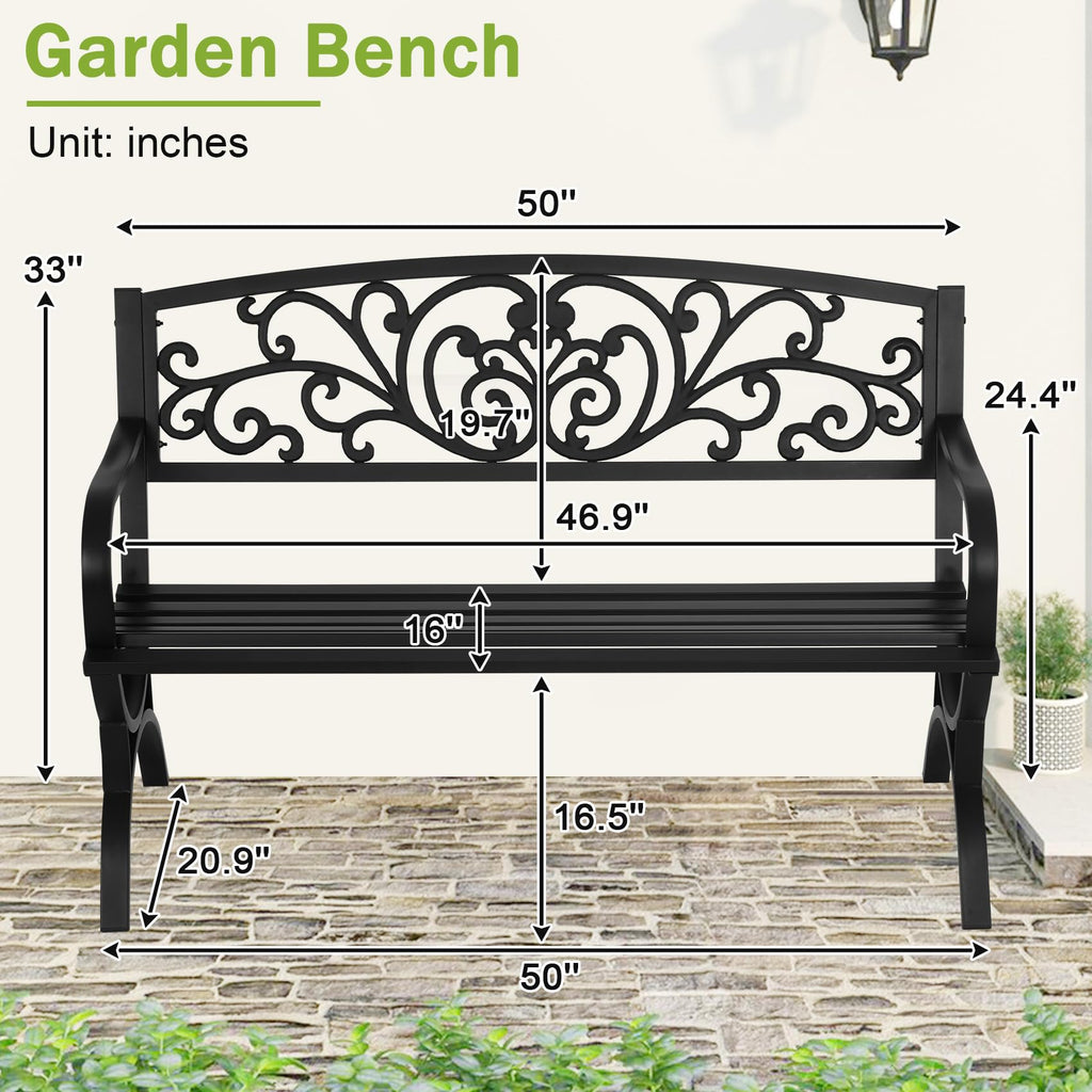 50 Inches Black Metal Outdoor Garden Bench with Floral Pattern Backrest A81455