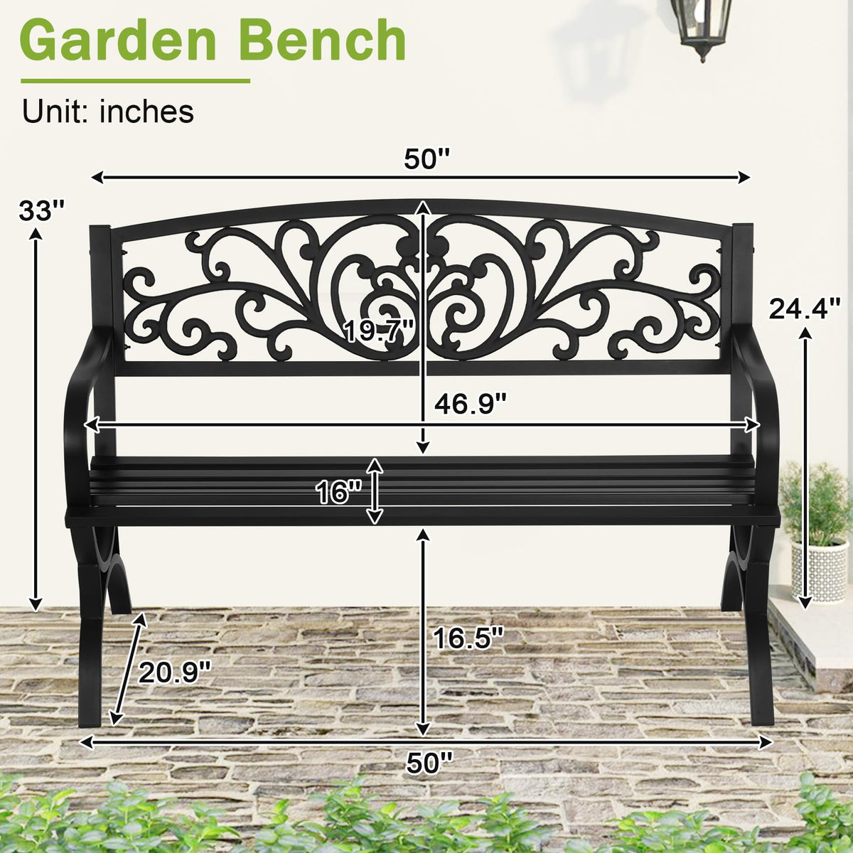 50 Inches Black Metal Outdoor Garden Bench with Floral Pattern Backrest A81455