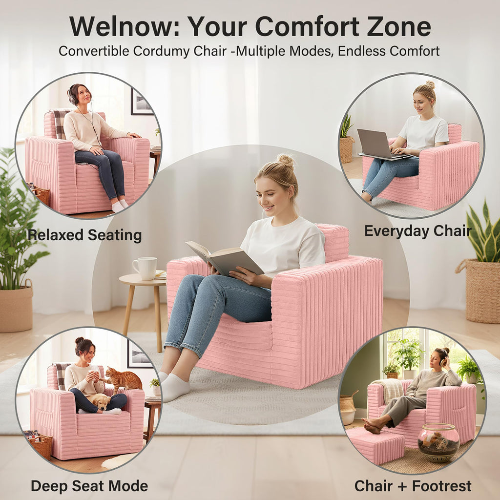 Pink Folding Sofa Bed with Ottoman E467