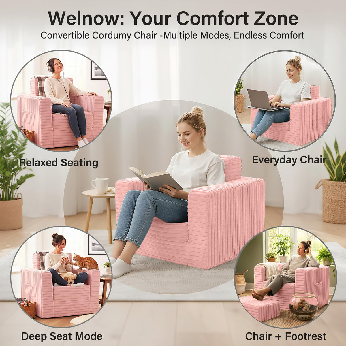 Pink Folding Sofa Bed with Ottoman E467