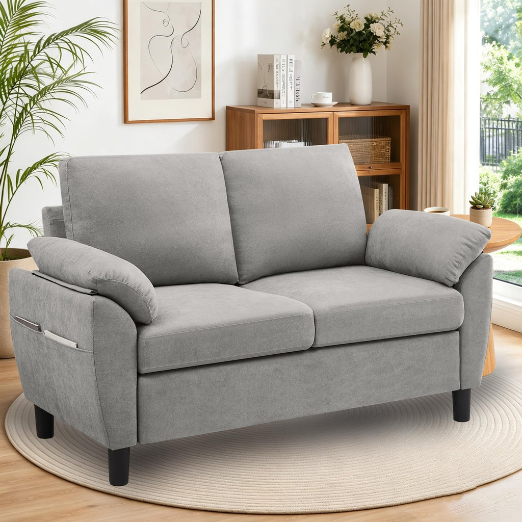 Light Grey Linen Loveseat Sofa with Side Pocket V48358