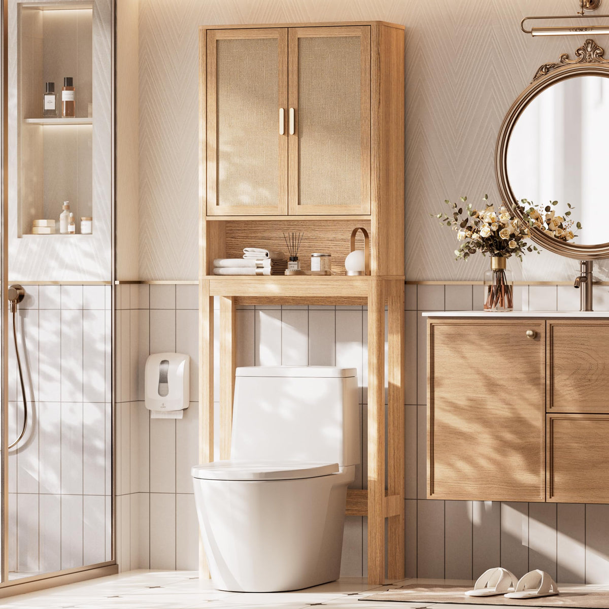 Over the Toilet Storage Cabinet with Rattan Doors S6020