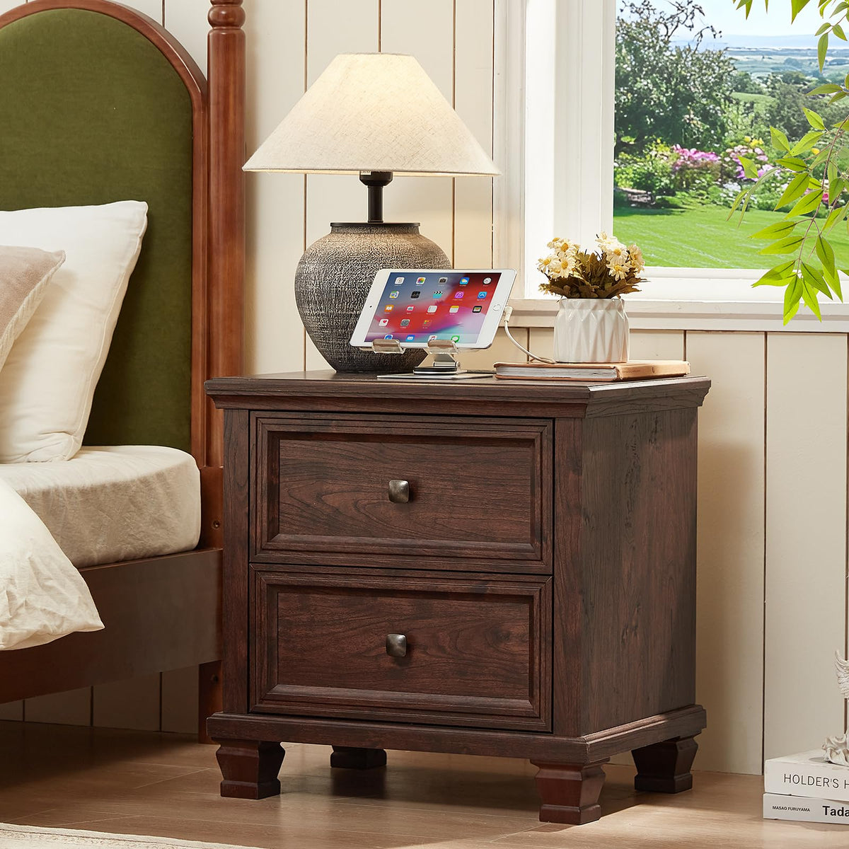Nightstand Set of 2 with Charging Stations, 2 Drawers, Walnut W71107