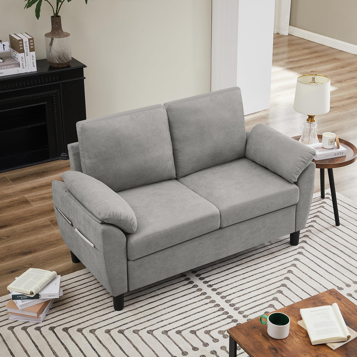 Light Grey Linen Loveseat Sofa with Side Pocket V48358