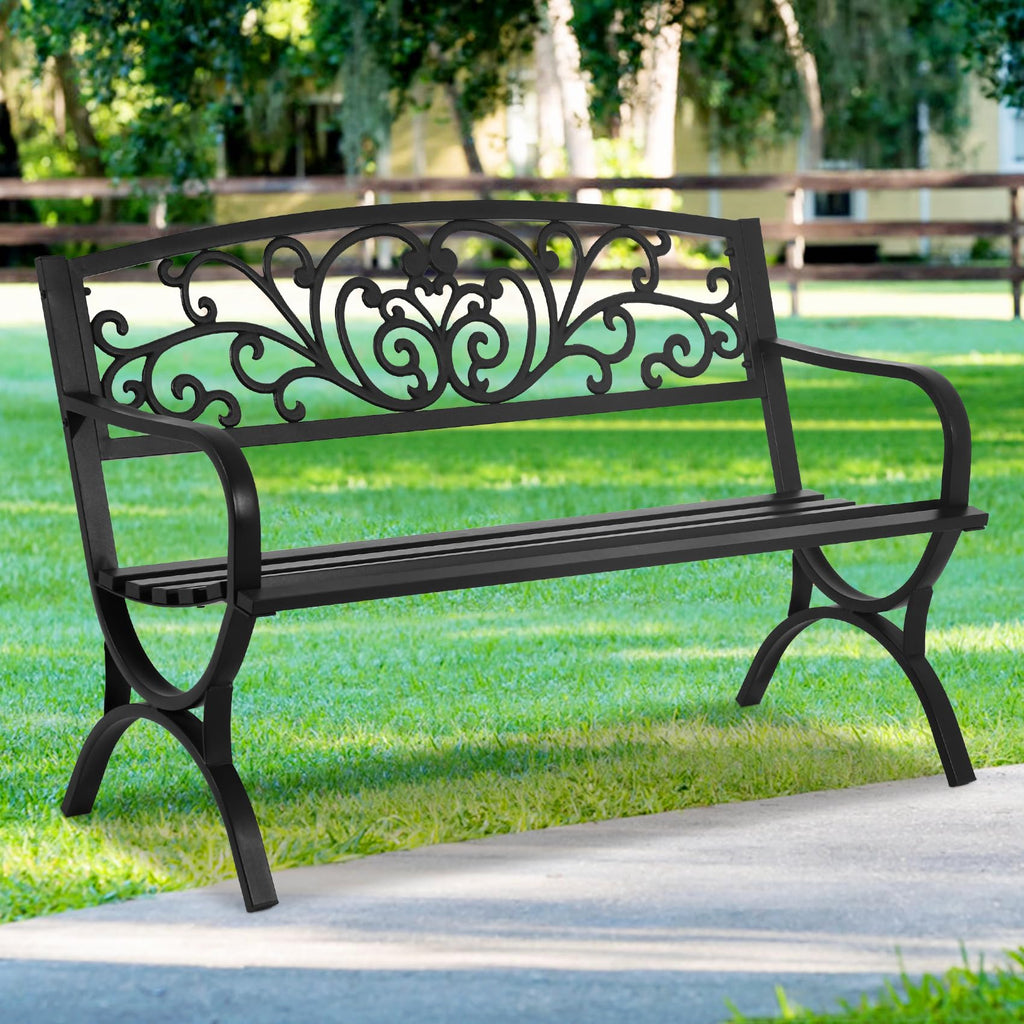50 Inches Black Metal Outdoor Garden Bench with Floral Pattern Backrest A81455