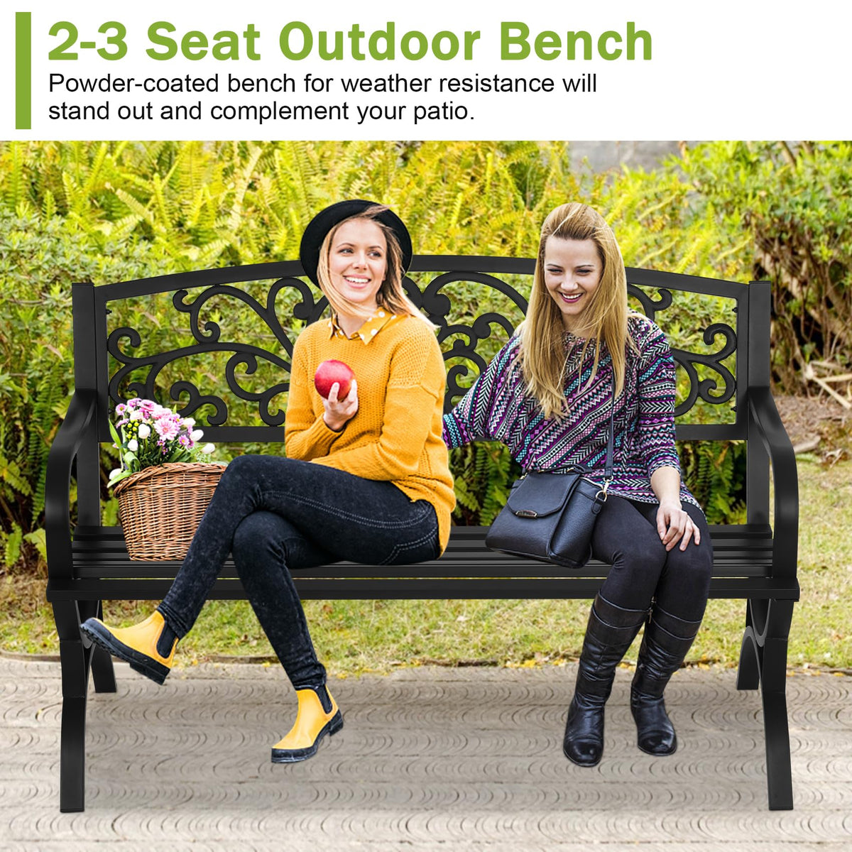50 Inches Black Metal Outdoor Garden Bench with Floral Pattern Backrest A81455