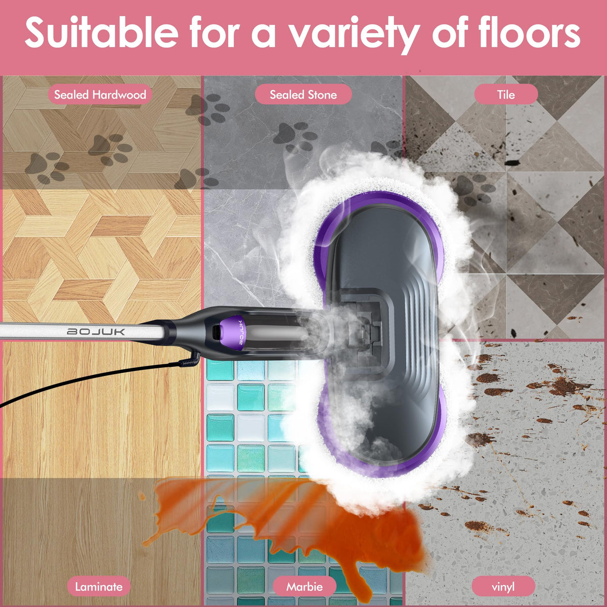 Rotating Scrub & Steam Mop with 6 Scrub Pads V806