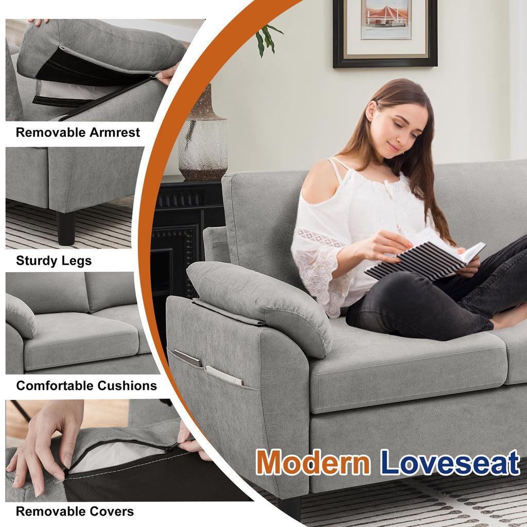 Light Grey Linen Loveseat Sofa with Side Pocket V48358
