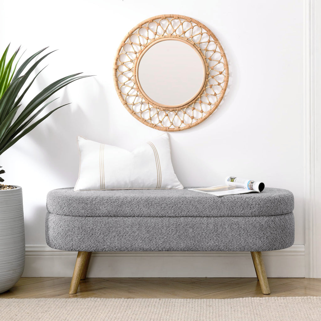 Oval Storage Bench with Rubber Wood Legs Gray Q84507