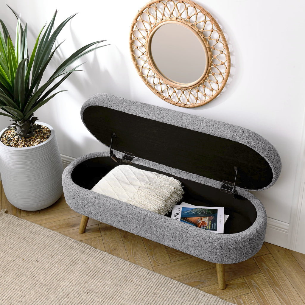 Oval Storage Bench with Rubber Wood Legs Gray Q84507