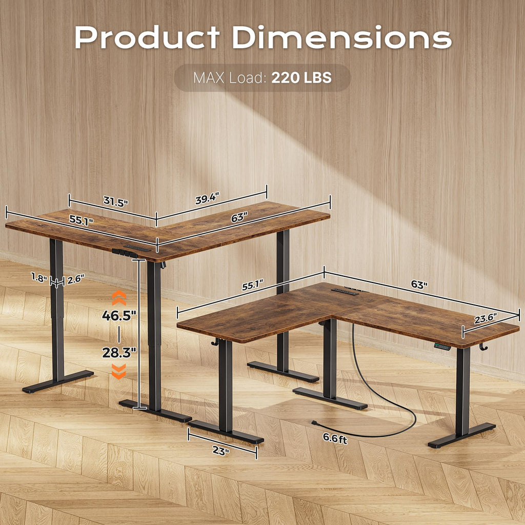 63 x 55 Inch L Shaped Standing Desk with Power Outlets B139