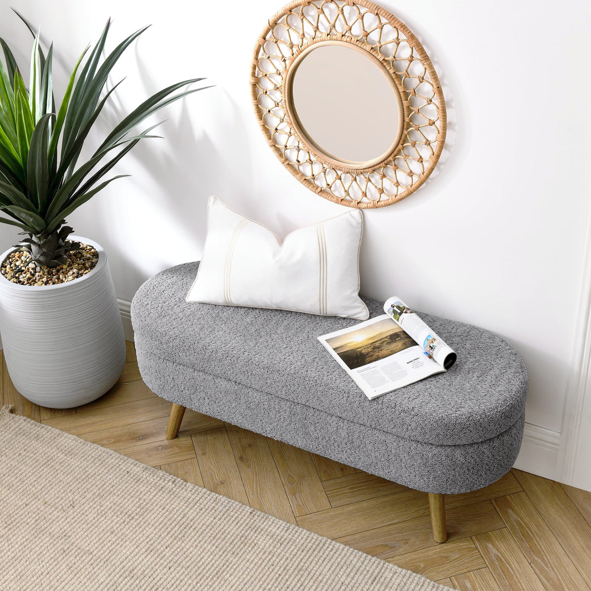 Oval Storage Bench with Rubber Wood Legs Gray Q84507