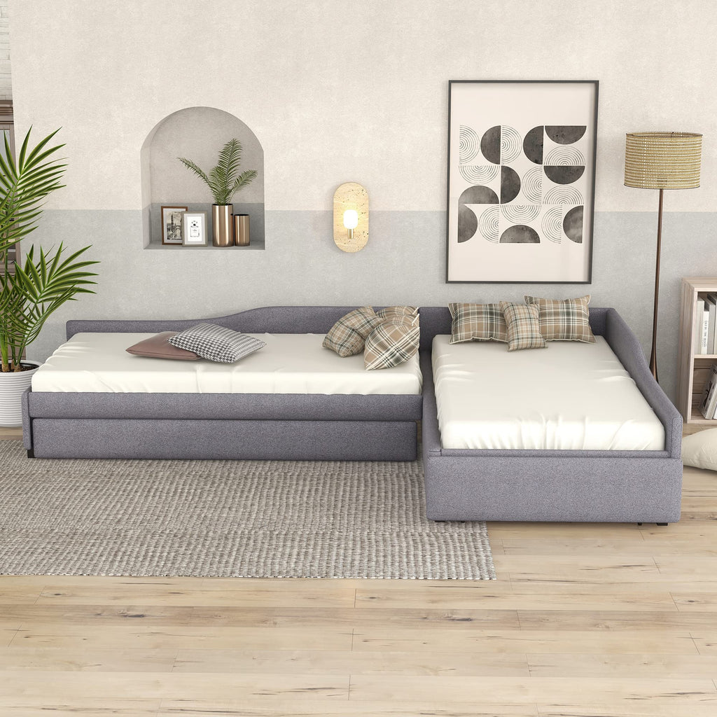 Gray Linen Upholstered Double Twin Size Daybed with Trundle and Drawer Q39668
