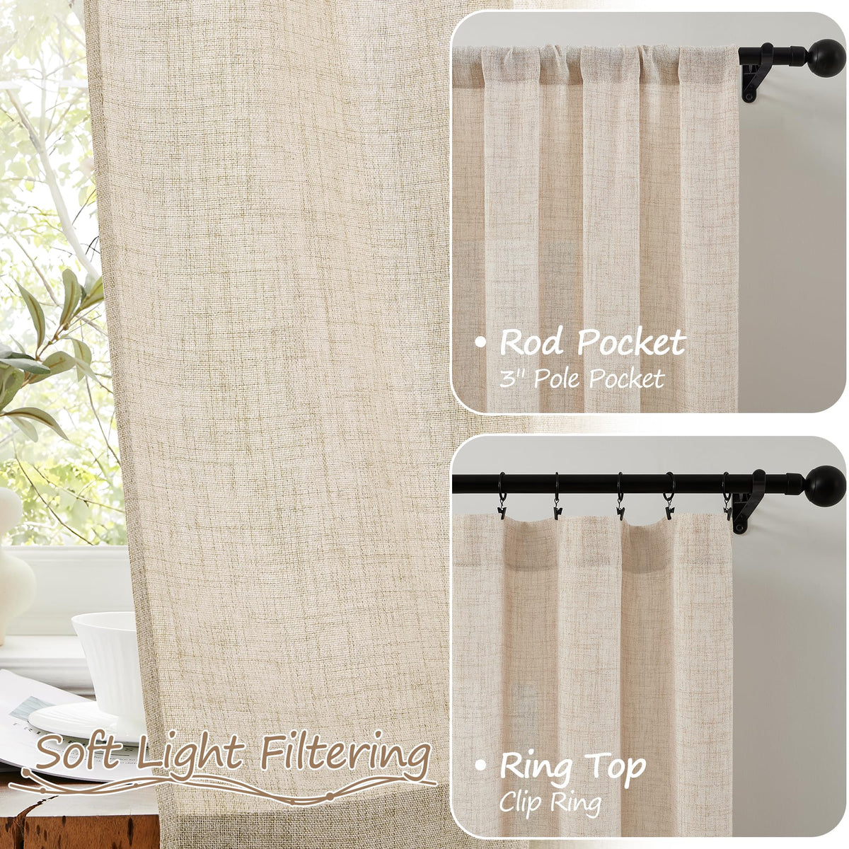 Linen Semi Sheer Door Curtain, 25 x 72 Inches, Natural, 1 Panel H401